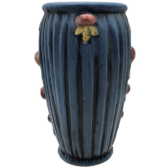 Vintage Weller Pottery Vase Blue Pleated Drapery With Vine Pink Roses 7” VG Cond - Picture 2 of 7